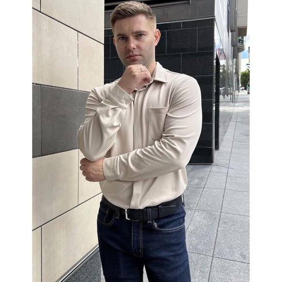 Khaki Men's Long Sleeve Wrinkle Free Casual Button Down Untucked Dress Shirt - Picture 4 of 6